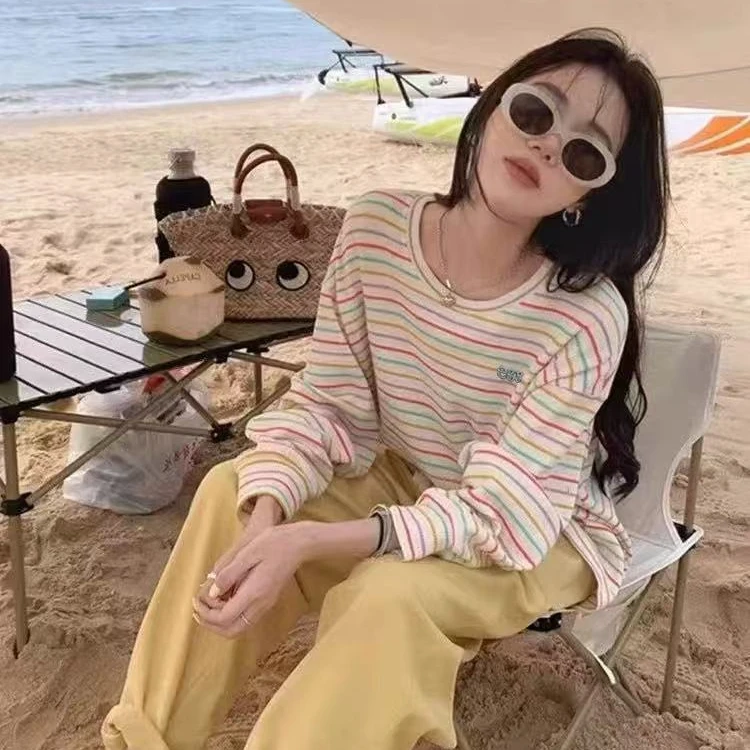 韩版条纹时尚宽松通勤居家打底衫-9593