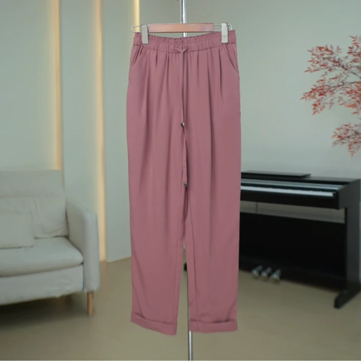 G638 抽绳松紧高腰垂坠感翻边裤脚直筒裤女 434C84