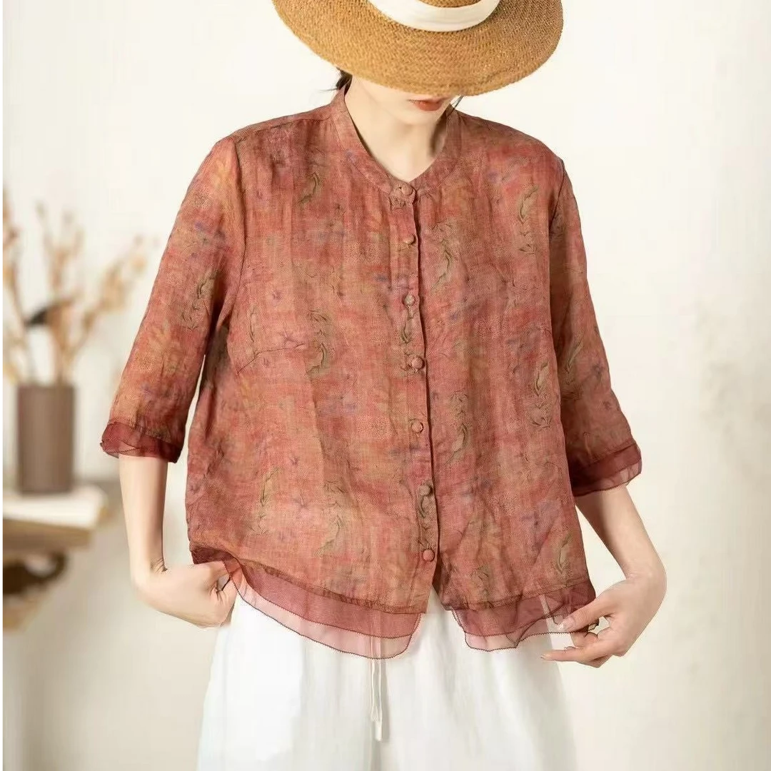 女士苎麻小碎花立领开衫