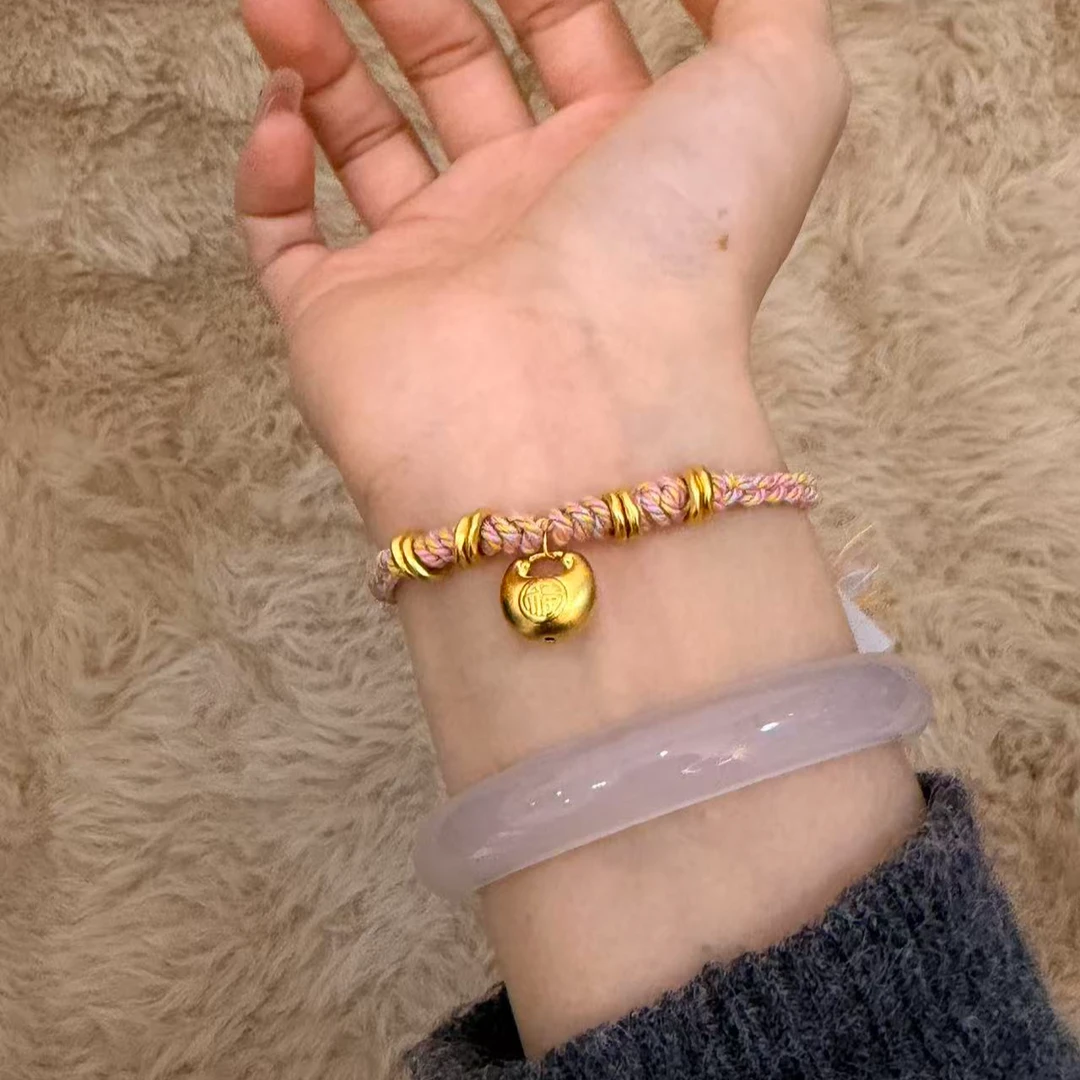 足金999小胖福手链男女情侣小金坨编织红绳情人节生日礼物黄金