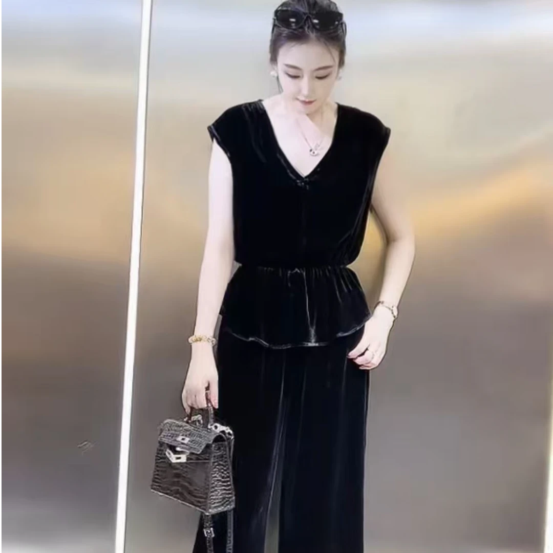 欧货气质丝绒时尚百搭洋气减龄短袖2208