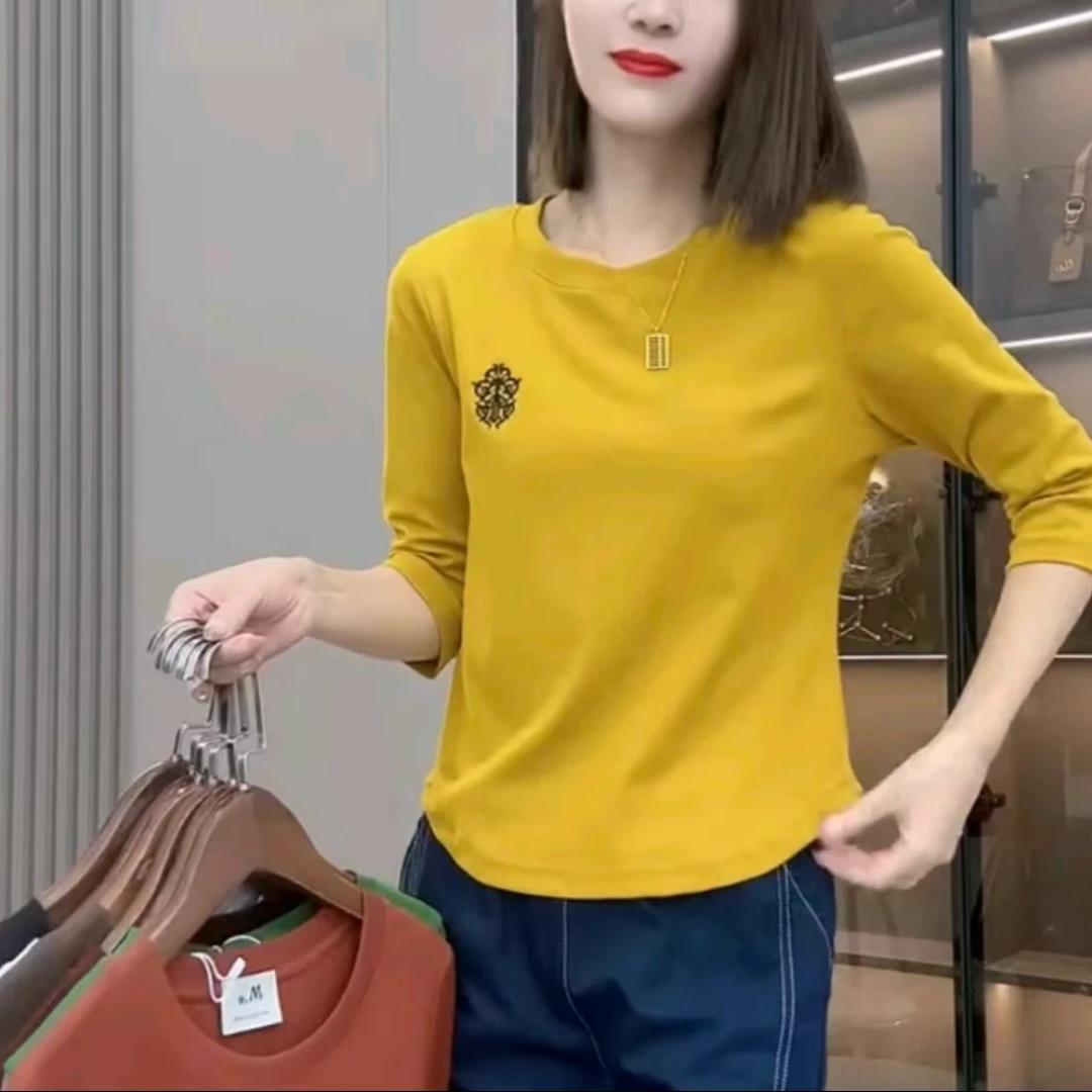 【现货速发】新款时尚休闲百搭圆领七分袖修身洋气显瘦打底衫网红