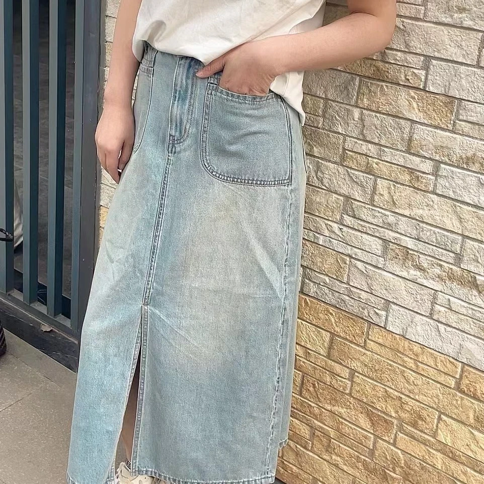 【原歌】YG全棉高腰开叉中长款牛仔裙女YG534