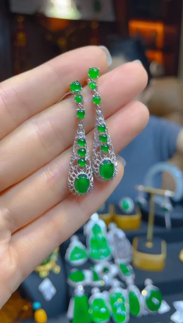 翡翠银S925镶嵌耳饰/128802-天然A货翡翠