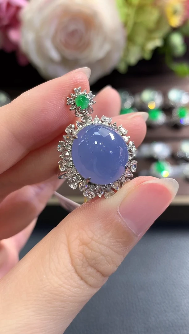 18K金镶嵌戒指翡翠b214 紫货有色差