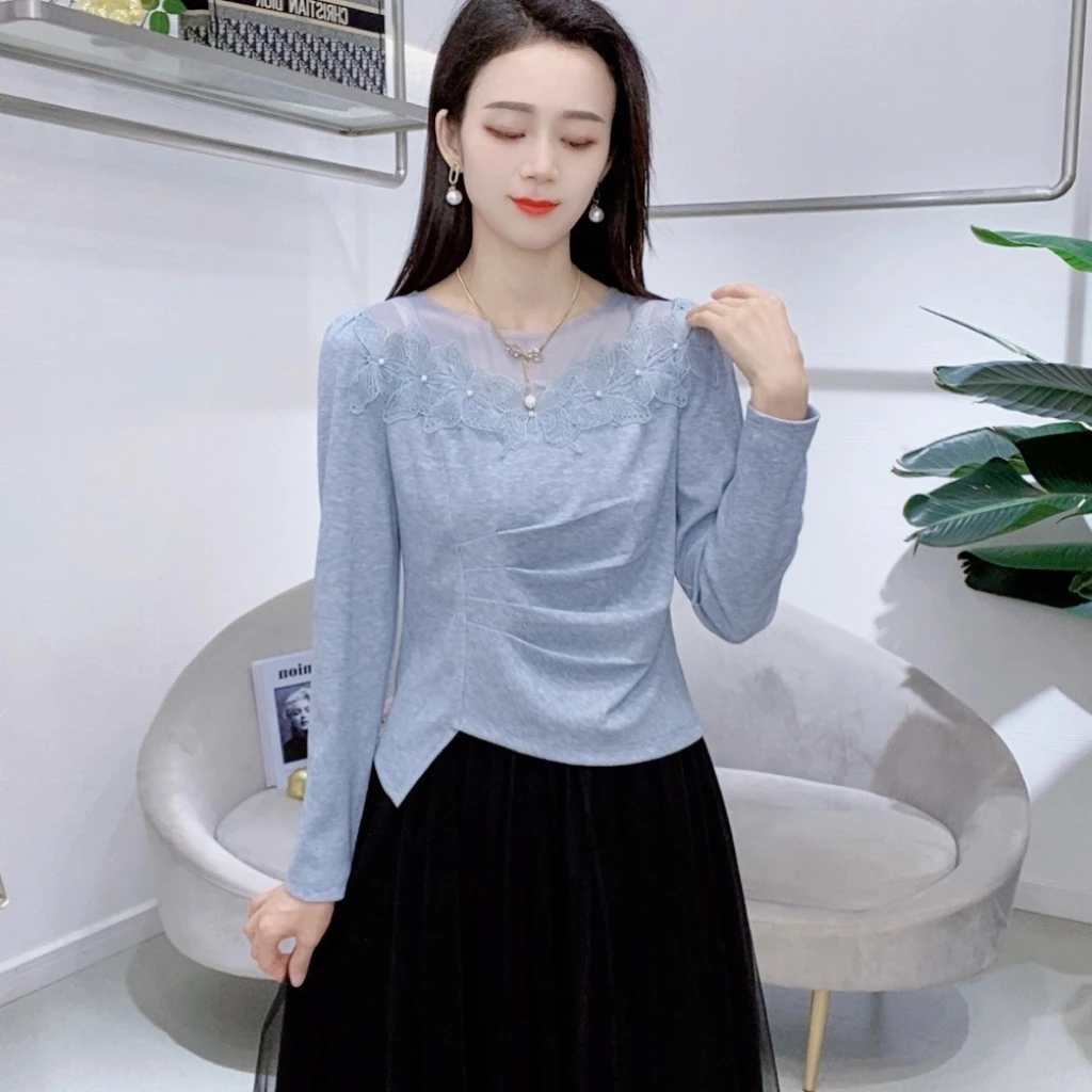 A7193新款时尚长袖女气质减龄百搭轻职风洋气T恤打底上衣