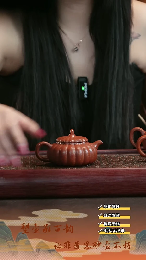 茶壶紫砂宜兴原矿紫砂壶 生砂朱泥南瓜筋纹160cc