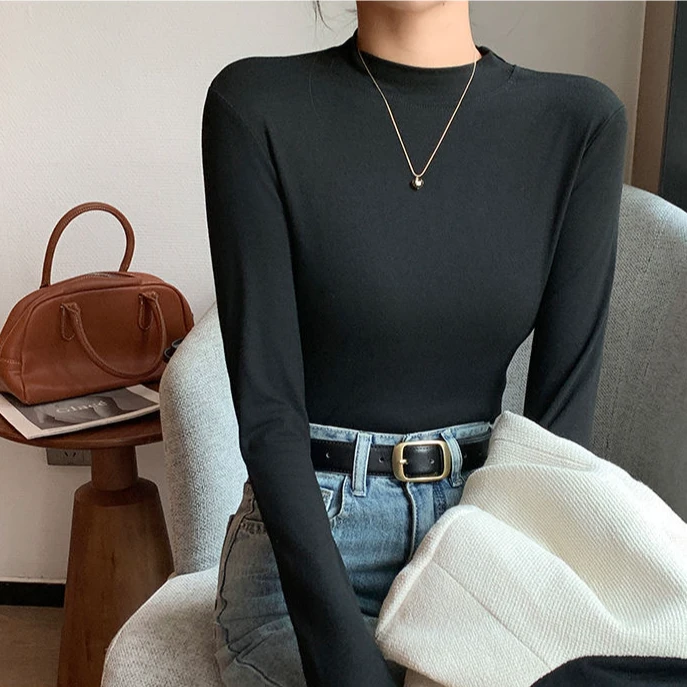烁幂2025秋冬半高领打底衫纯色时尚针织百搭显瘦小立领长袖女t恤