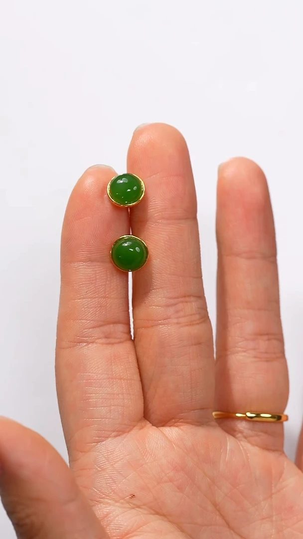 和田玉银S925镶嵌耳饰碧玉圆耳饰