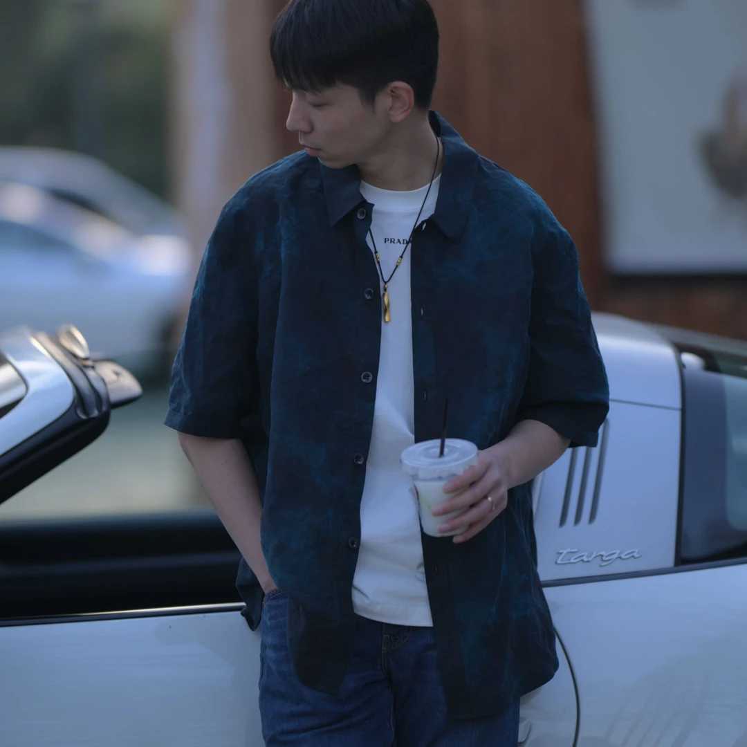 【春水煎茶】100%桑蚕丝香云纱真丝男装蓝色扎染系扣短袖男士衬衣