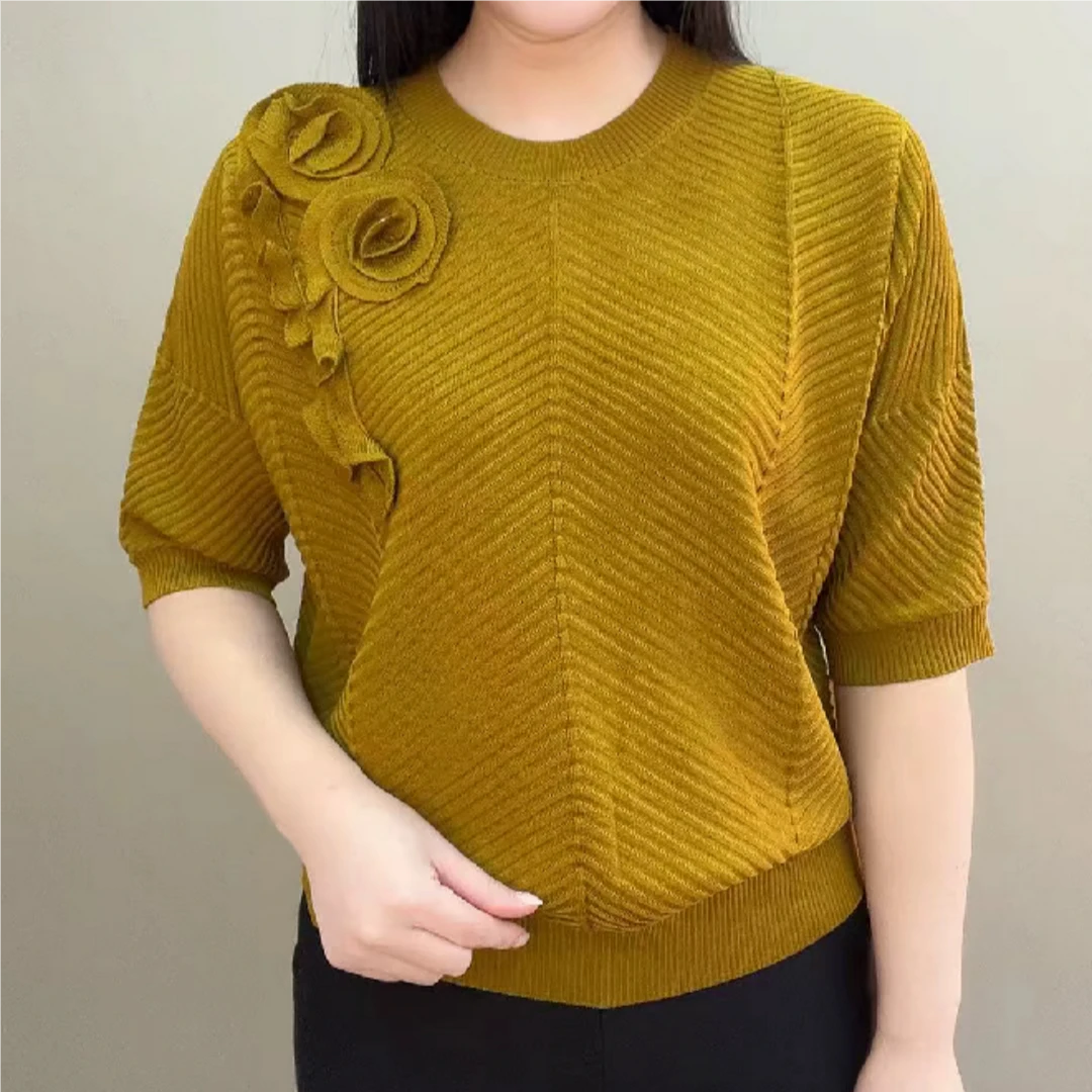 春季新款时尚针织打底衫五分袖套头圆领纯色玫瑰花短袖T恤上衣