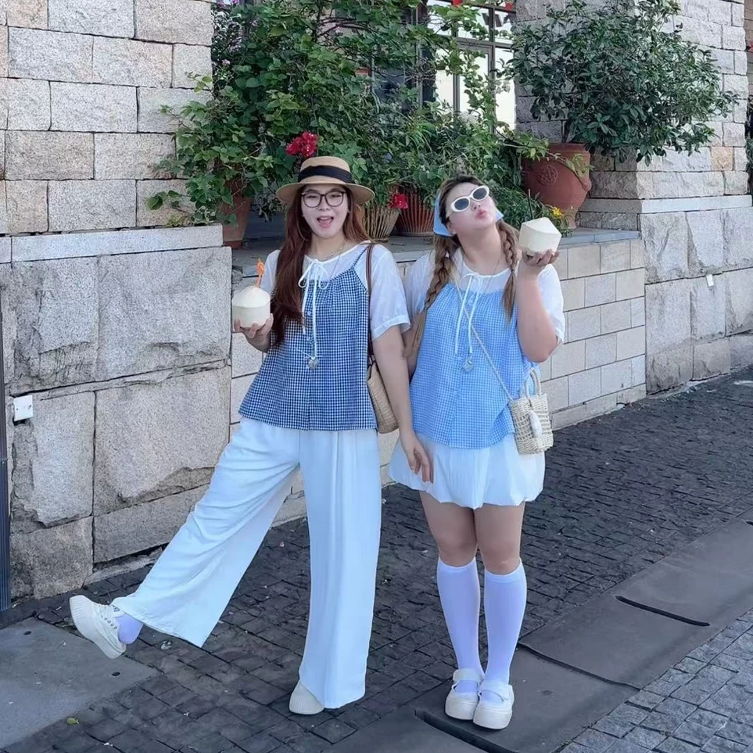 假两件格子衬衫短袖T恤减龄上衣大码女装夏季新款开衫体恤7113