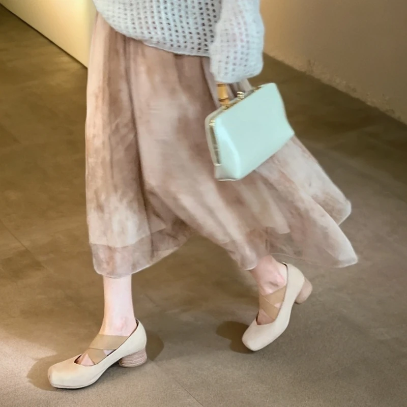 明星同款网红百搭鞋子猪鼻子马真皮交叉带粗跟玛丽珍芭蕾鞋女单鞋