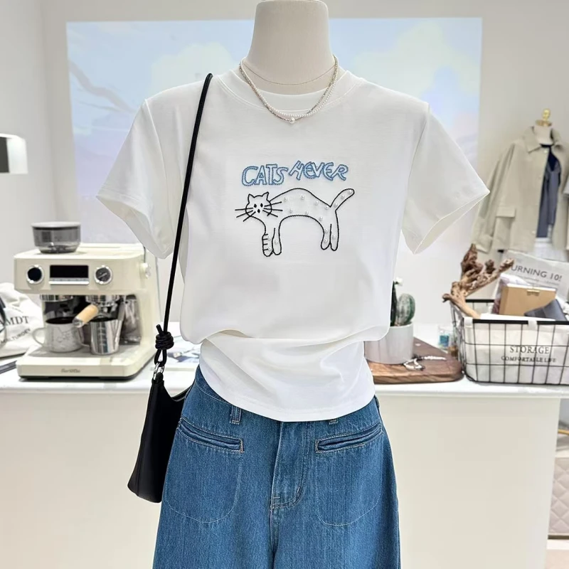 可爱字母猫猫刺绣+钉珠韩系设计感2025夏季新款圆领短袖T恤上衣