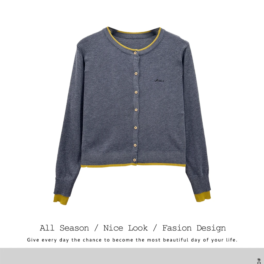 061 打底衫女春法式刺绣高级撞色时尚百搭假两件开衫#a005