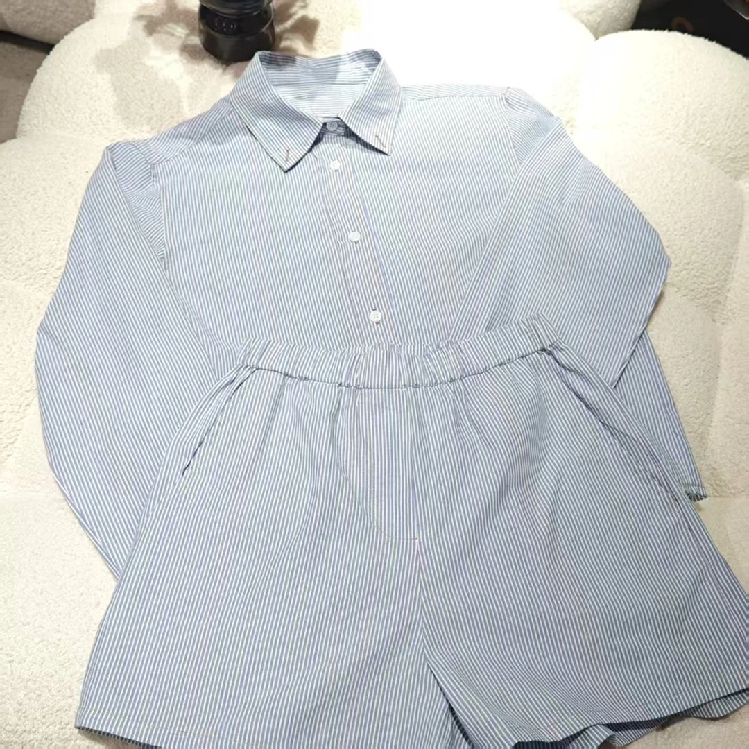 5608休闲风蓝条纹套装衬衣搭配短裤简约休闲套装