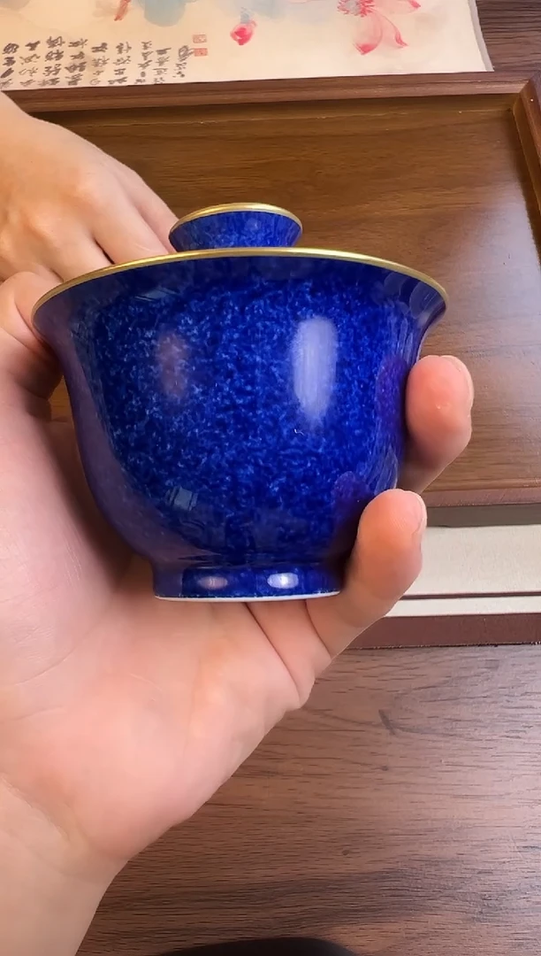 问青坊纯手工手绘单色釉洒蓝柴窑二才盖碗