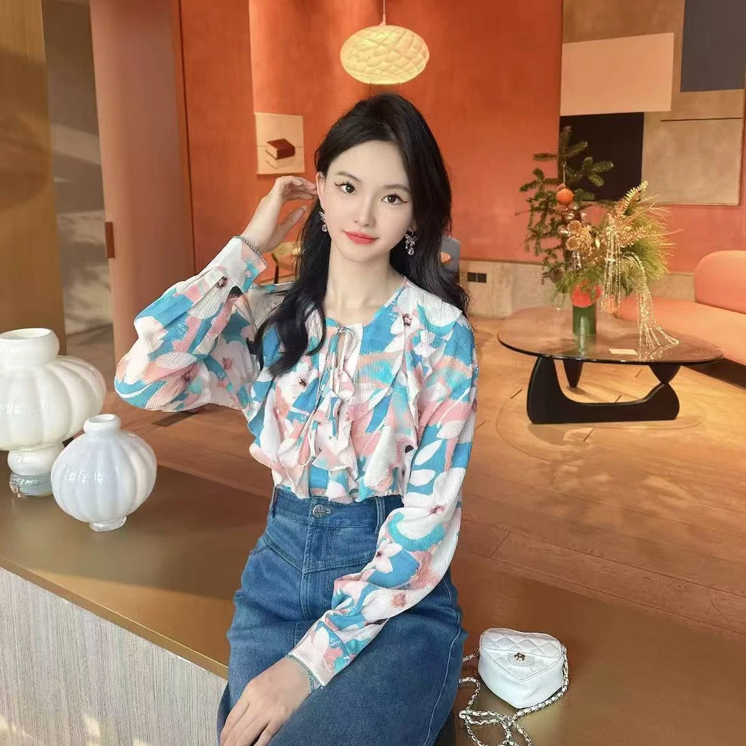 GIRDEAR哥弟新款时尚百搭显瘦优雅圆领多层荷叶边长袖衬衫1301023