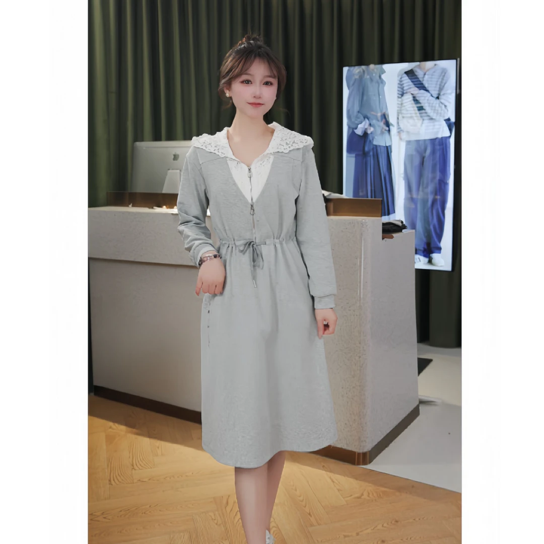 时尚假两件连衣裙春季新款洋气显瘦休闲中长款连帽卫衣裙