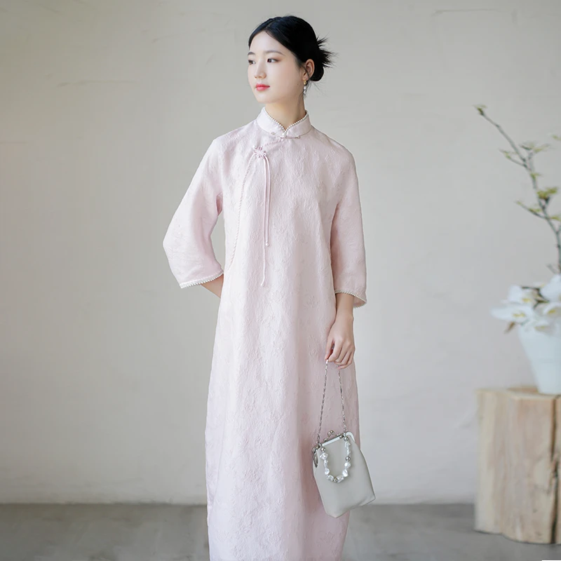 初蝉新中式改良旗袍粉色中国风连衣裙230428-N