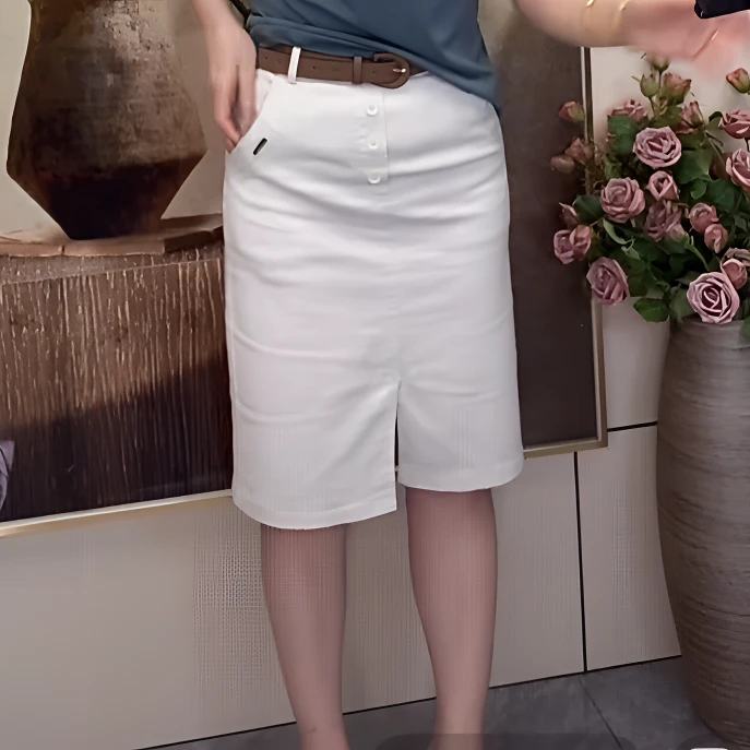 2025年夏季新款白色牛仔腰带半身裙女高腰a字裙一步包臀裙短裙