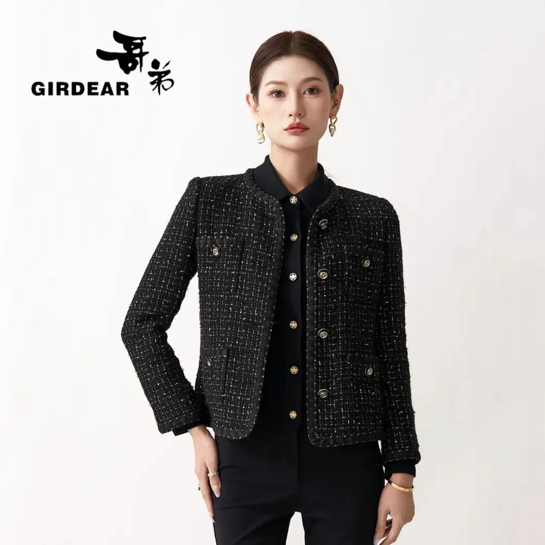 GIRDEAR/哥弟轻奢高端优雅圆领黑金色粗花呢小香显瘦外套1400042-