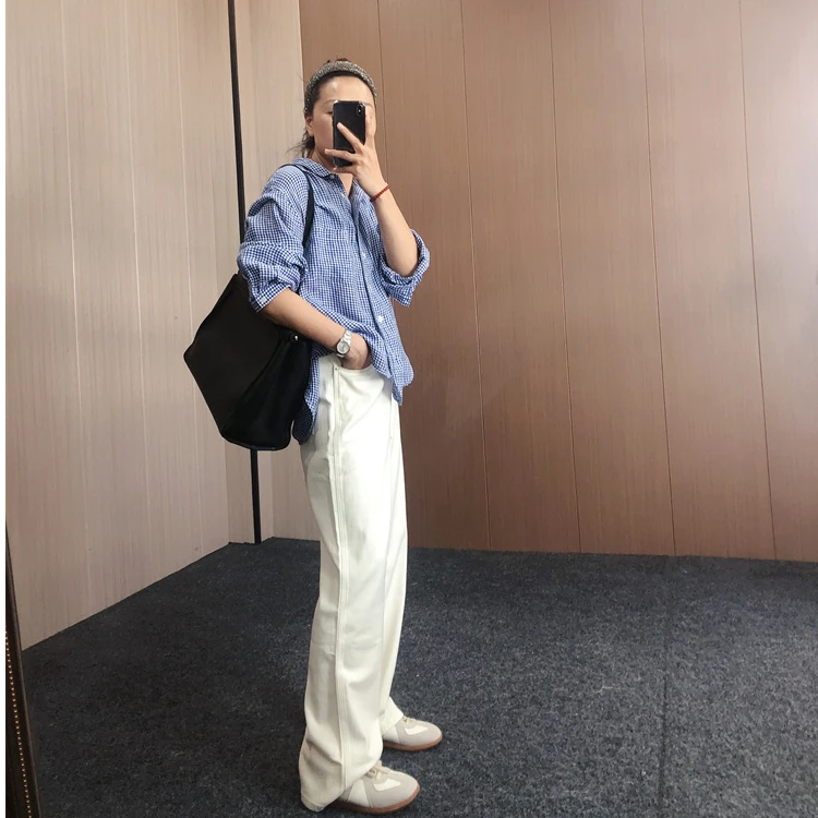 春夏亚麻格子衬衫方格日式简约轻便出门上衣衬衫通勤文艺长袖