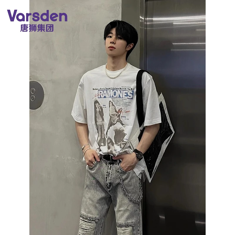 唐狮集团Varsden美式复古乐队印花短袖T恤男夏季新款上衣圆领宽松