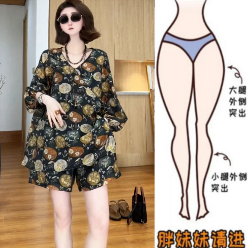 夏新款时尚休闲套装中式国风V斜领襟印花灯笼袖衬衫阔腿裤两件套