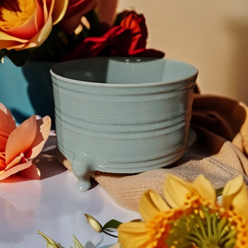 玄纹尊，手拉胚仿古釉陶瓷茶杯品茗杯汝窑天青釉天青色复古茶具