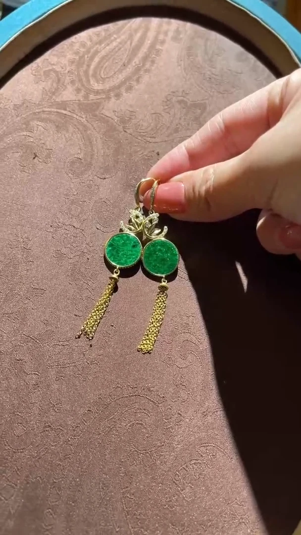 银S925镀金镶嵌翡翠耳环红翡绿翠
