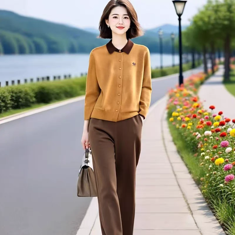 2025年新款设计感减龄洋气撞色薄款翻领针织衫+直筒裤两件套秋