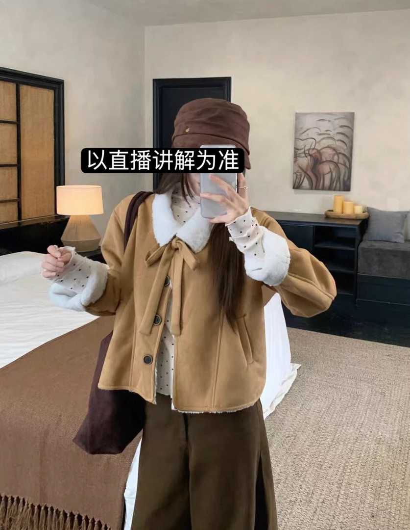 韩系纯色加绒休闲百搭翻领短外套