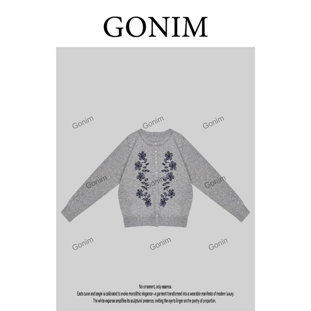 Gonim· ‘’素笔小花‘’2025早秋针织网红女时尚门襟气质开衫女