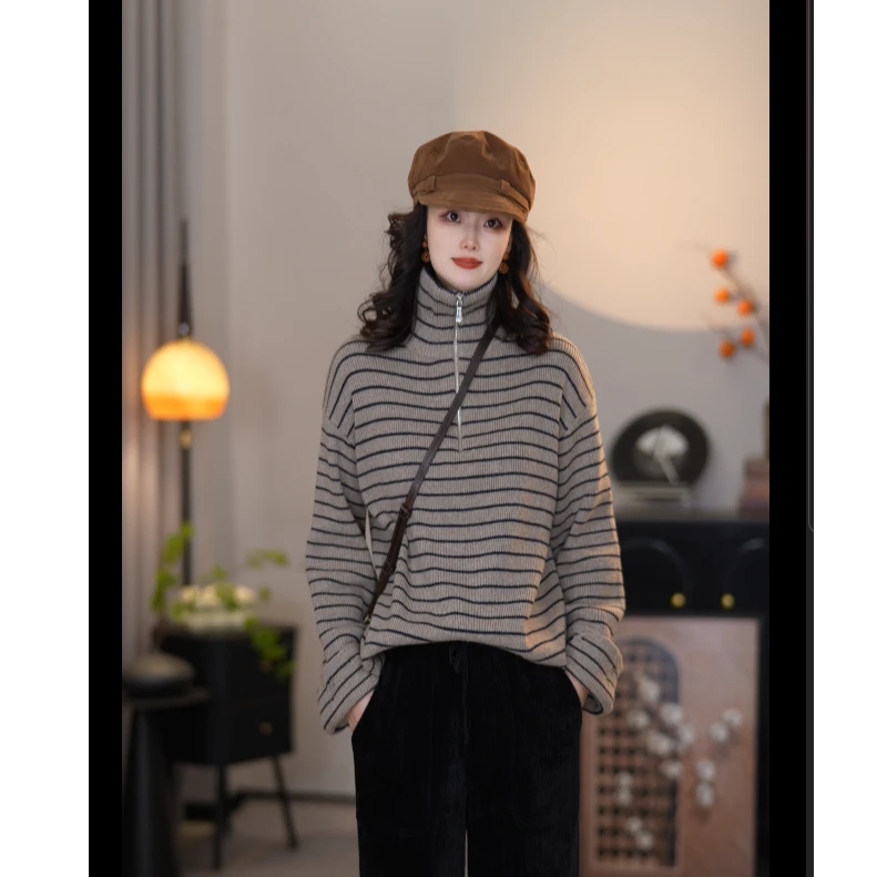 阿玛施【官方正品】新款品质时尚经典百搭条纹落肩袖毛针织衫538088