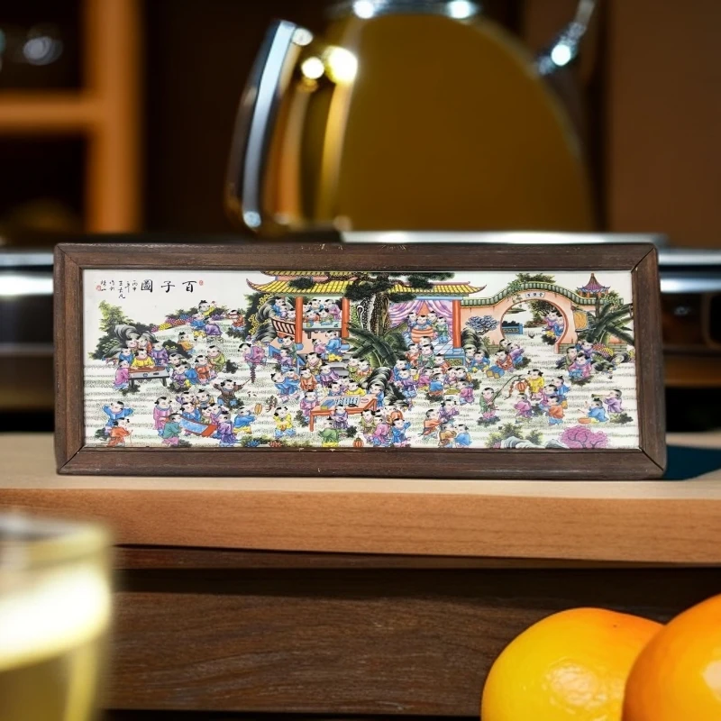 景德镇瓷板画柴窑烧制粉彩人物百子图实木边框老子画像陶瓷挂画