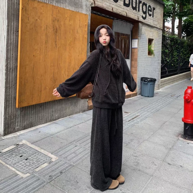 秋冬韩系慵懒卫衣+休闲显瘦阔腿裤套装6018