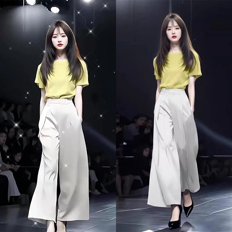 夏季2025韩版网红气质女神显瘦新款针织短袖上衣时尚高腰阔腿裤女