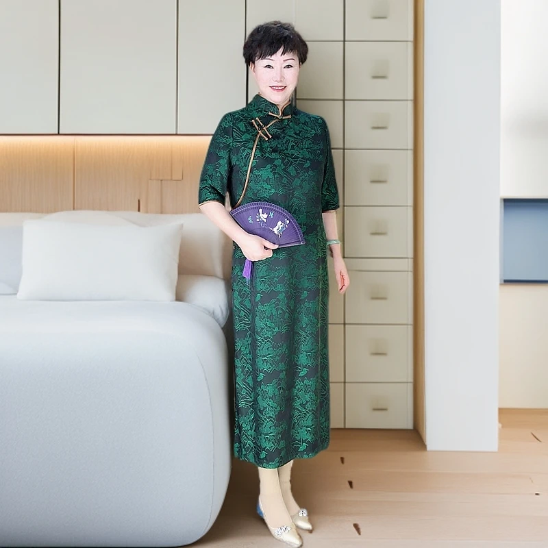 【山水如画】夏季新款大码旗袍绿色显瘦气质时尚日常优雅修身提花