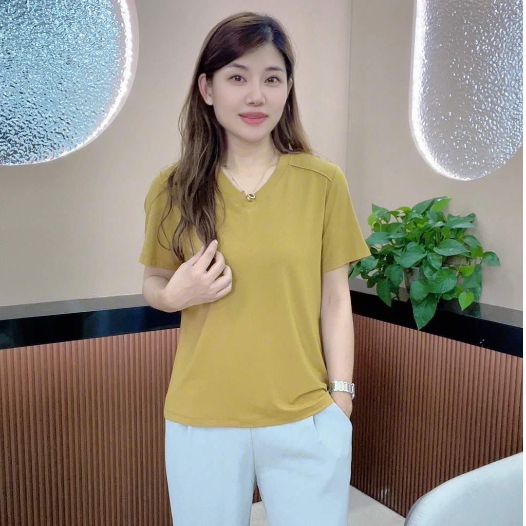 怡特美夏季防紫外线冰感比特棉大码休闲舒适V领女装短袖T恤FS8912
