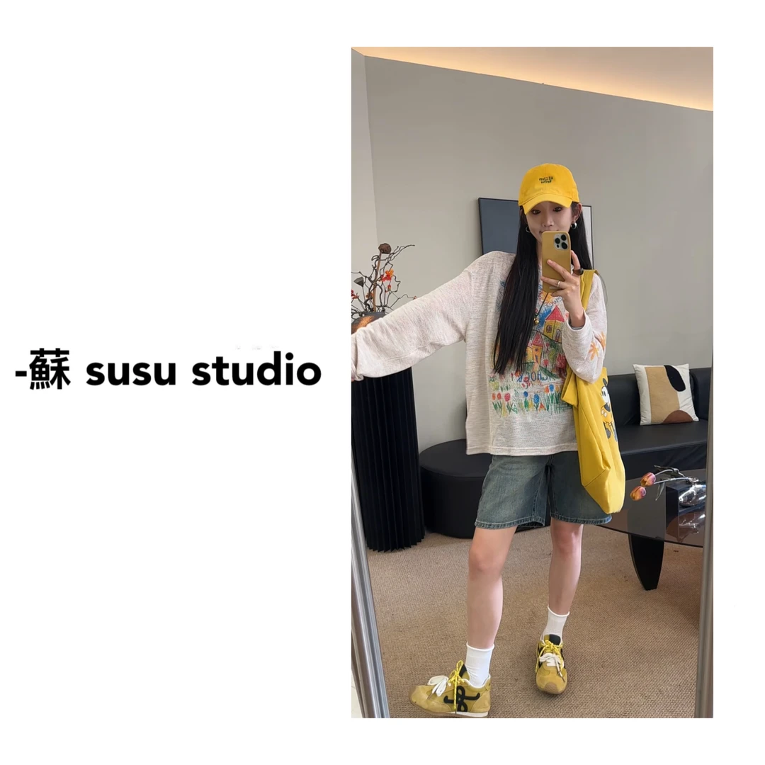 手绘涂鸦七彩色罩衫上衣女小众设计感打底薄透气长袖T恤355