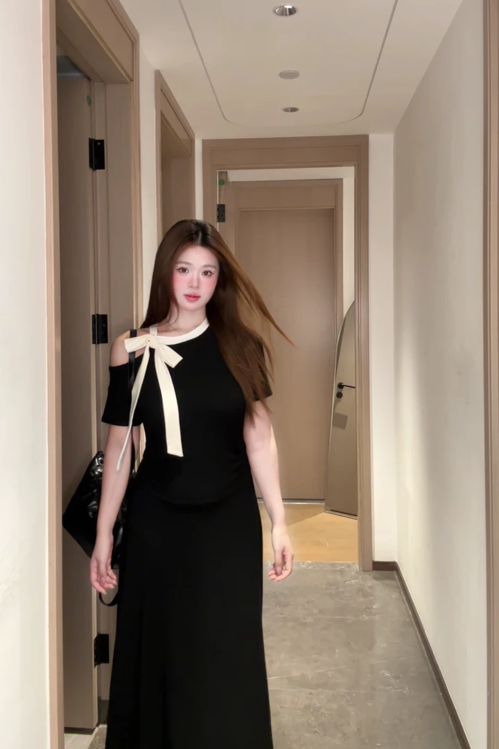 胖MM法式纯欲蝴蝶结黑色针织连衣裙女修身气质露肩A字短裙夏季