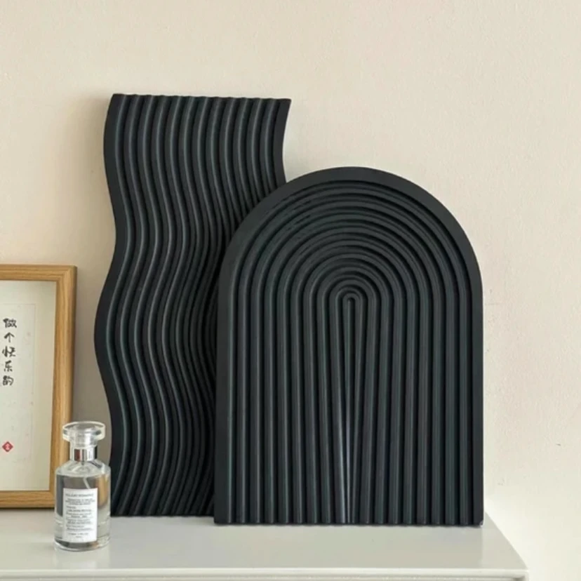 新款北欧水波纹木制黑色托盘ins风香薰收纳置物架道具摆件