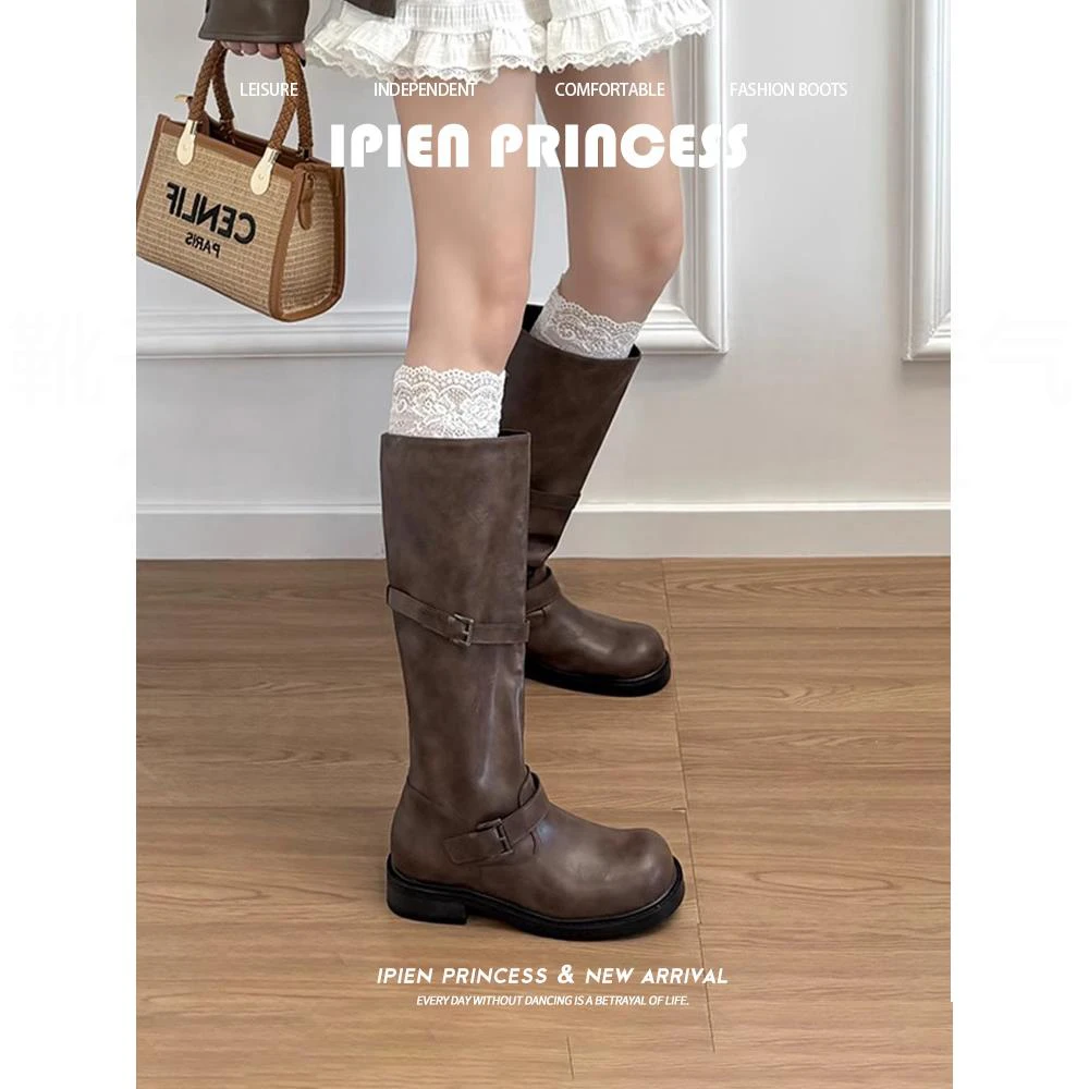 美拉德厚底长筒靴女2025新款夏季复古西部骑士靴棕色配裙子牛仔靴