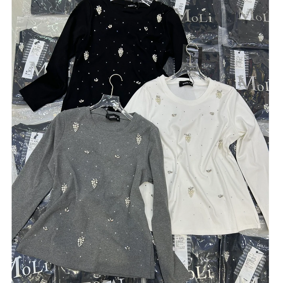 8167（丹姐家）珍珠葡萄手工钉珠纯色圆领宽松T恤上衣