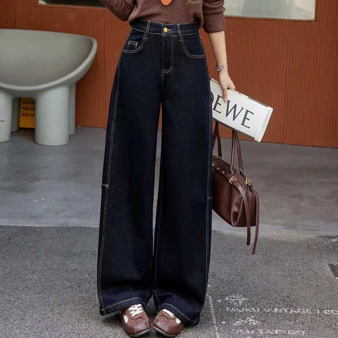 小施家欧版设计时尚拼接毛圈微阔腿牛仔裤6323