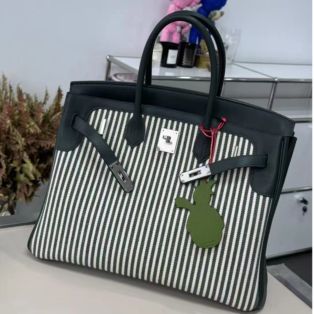 99新 Hermes/爱马仕  birkin35 灰绿 拼帆布 S皮 银扣 X刻
