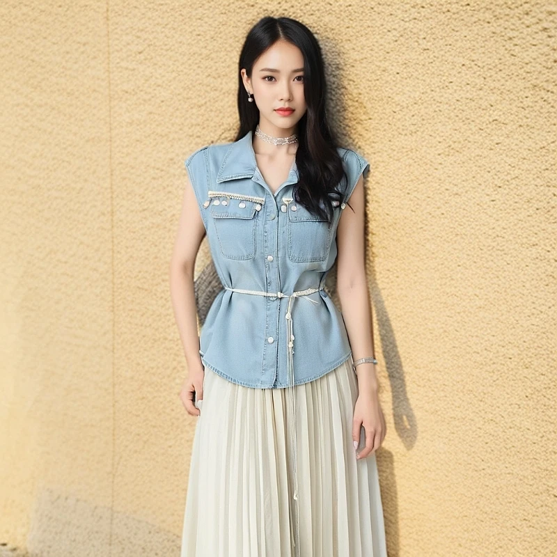 赫本风高级感时尚套装裙2025夏翻领牛仔无袖系带马甲松紧腰半身裙