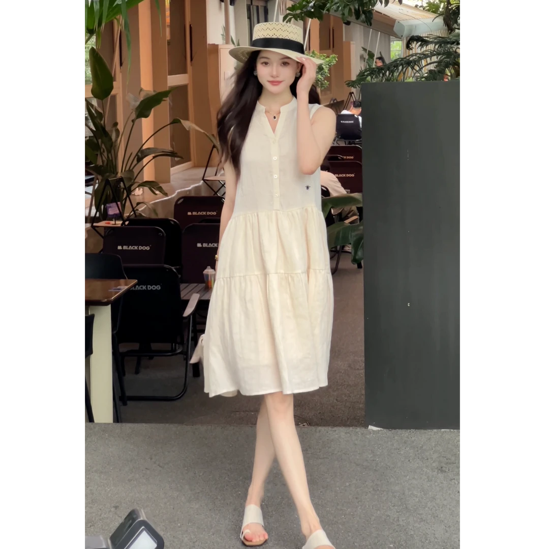 【IS 然然】2025新款夏季休闲风无袖V领甜美连衣裙小蜜蜂