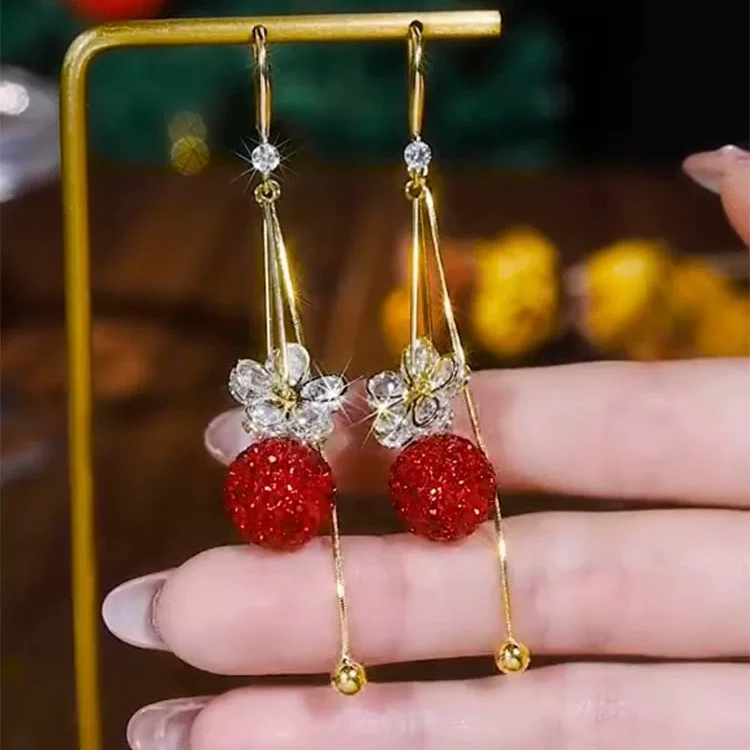 铜合金合成锆石耳饰 【39号】花好月圆 红色气质百搭长款流苏耳环